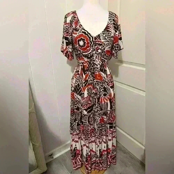 Anthropologie Maxi Tiered Dress Small Brown Orange Bohemian Cutout Boho $180 - Picture 3 of 9